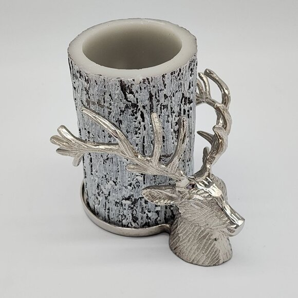 Pottery Barn Silver Reindeer Head Pilar Candle Holder With Battery Faux Log Vint - Picture 9 of 9